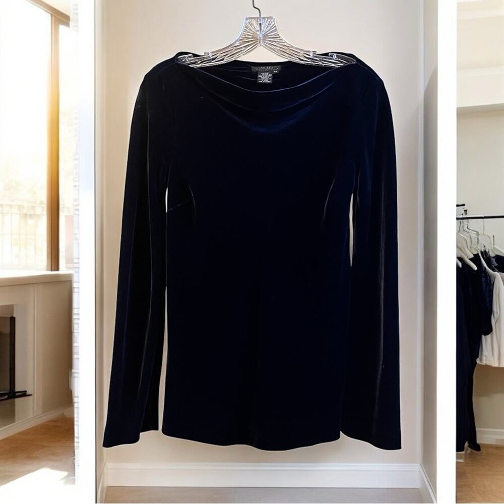 NEW BCBGMaxAzria Navy Velvet Silk Long Sleeve Boatneck Longline Top Sz XS NWOT